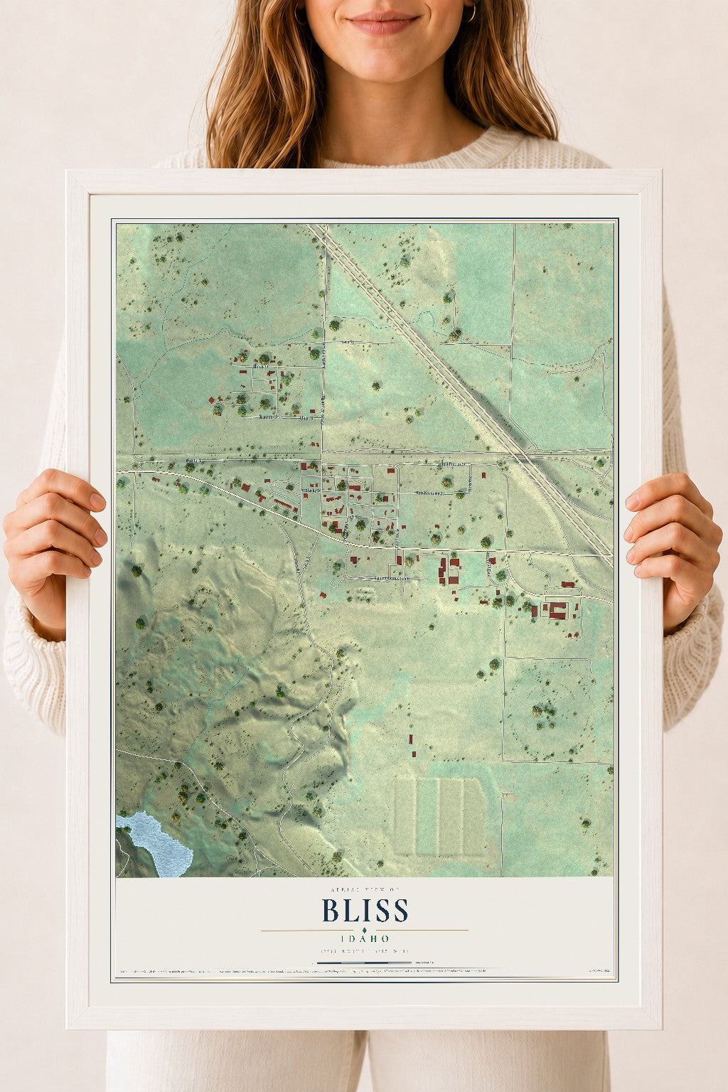 Map of Bliss, Idaho, 18 x 24 inch print in a white wood frame
