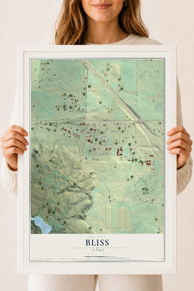 Map of Bliss, Idaho, 18 x 24 inch print in a white wood frame