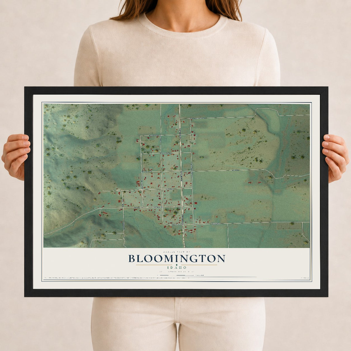 Map of Bloomington, Idaho, 12 x 18 inch print in a black wood frame
