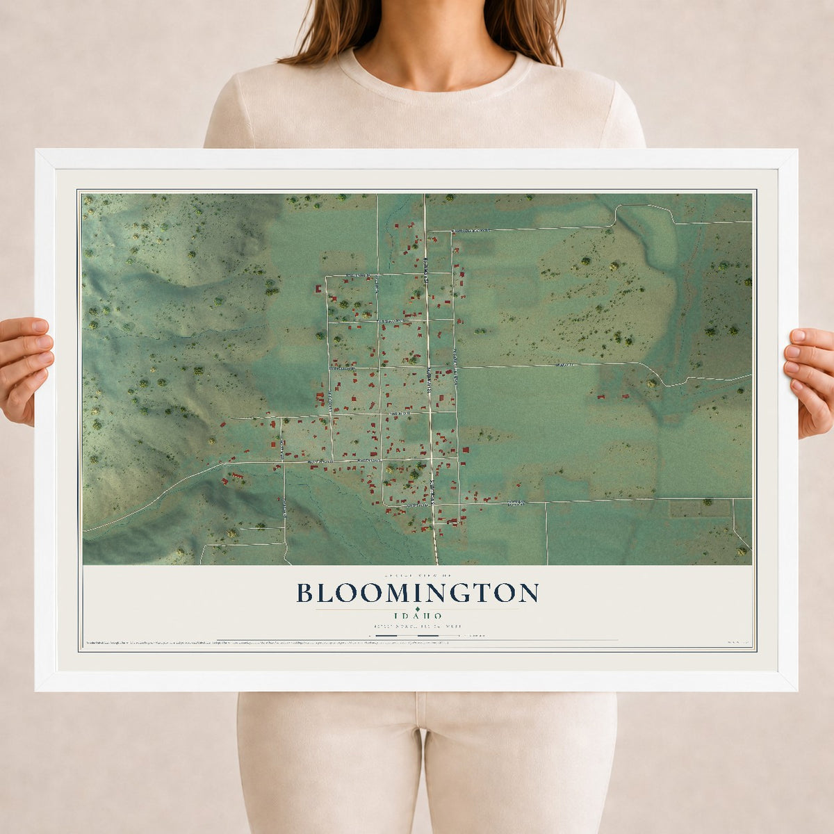 Map of Bloomington, Idaho, 18 x 24 inch print in a white wood frame
