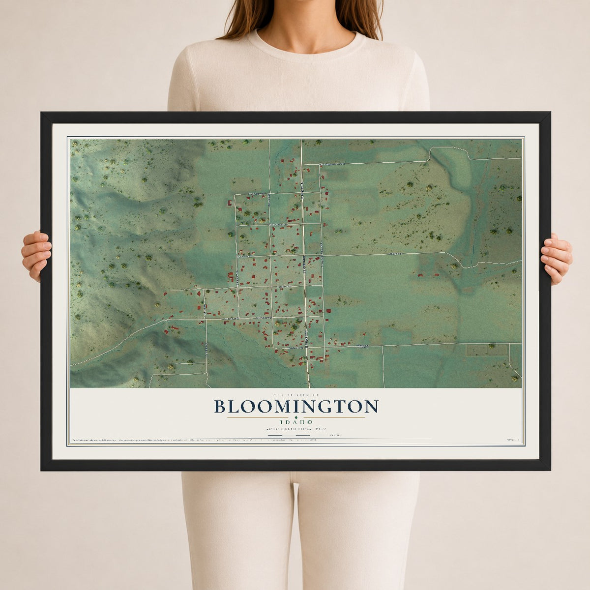 Map of Bloomington, Idaho, 24 x 36 inch print in a black wood frame