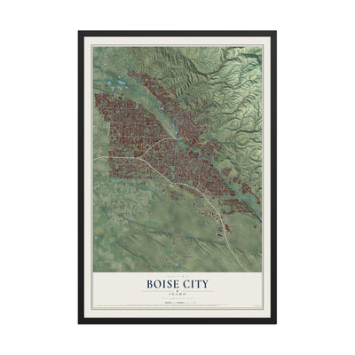 Map of Boise City, Idaho, 12 x 18 inch print in a black wood frame