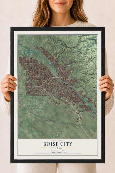 Map of Boise City, Idaho, 18 x 24 inch print in a black wood frame