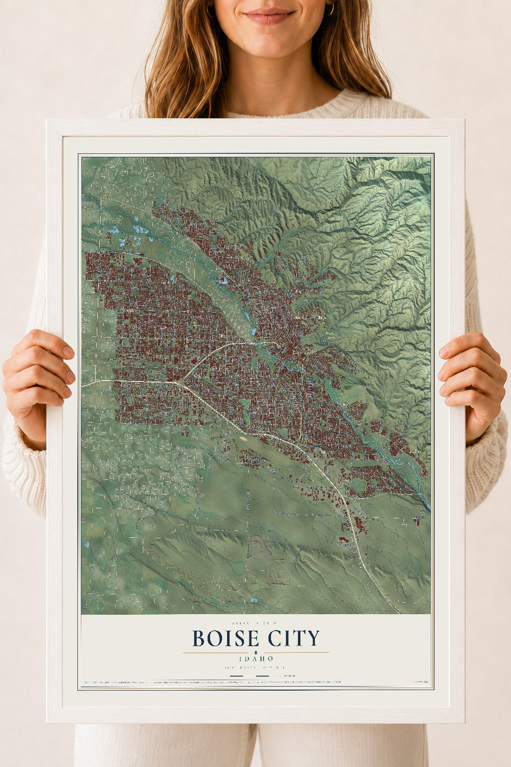 Map of Boise City, Idaho, 18 x 24 inch print in a white wood frame
