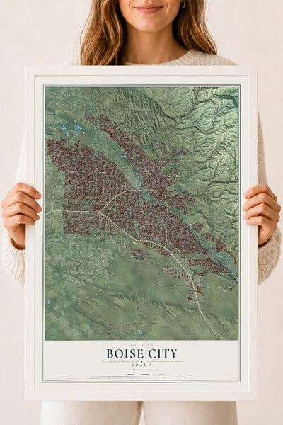 Map of Boise City, Idaho, 18 x 24 inch print in a white wood frame