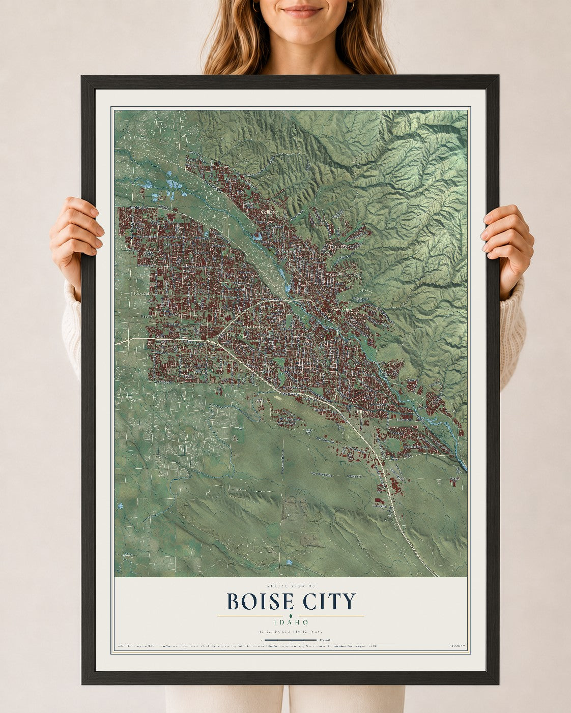 Map of Boise City, Idaho, 24 x 36 inch print in a black wood frame