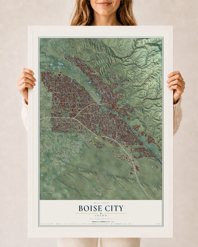Map of Boise City, Idaho, 24 x 36 inch print in a white wood frame