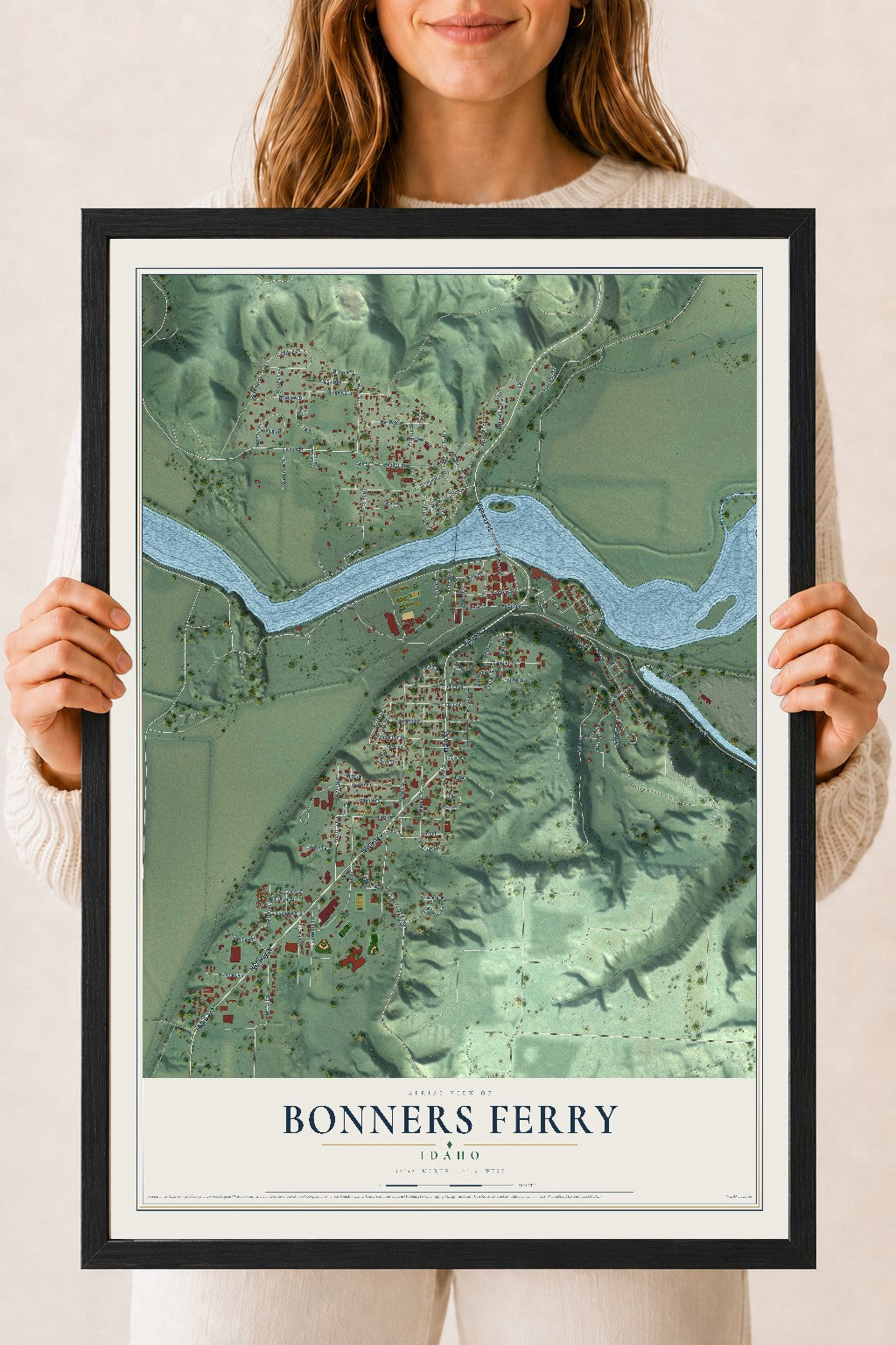 Map of Bonners Ferry, Idaho, 18 x 24 inch print in a black wood frame