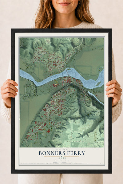 Map of Bonners Ferry, Idaho, 18 x 24 inch print in a black wood frame