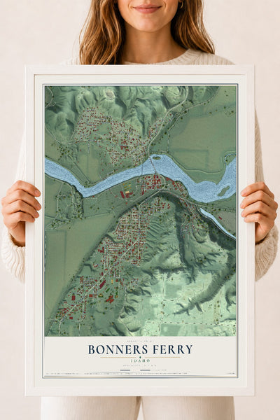Map of Bonners Ferry, Idaho, 18 x 24 inch print in a white wood frame