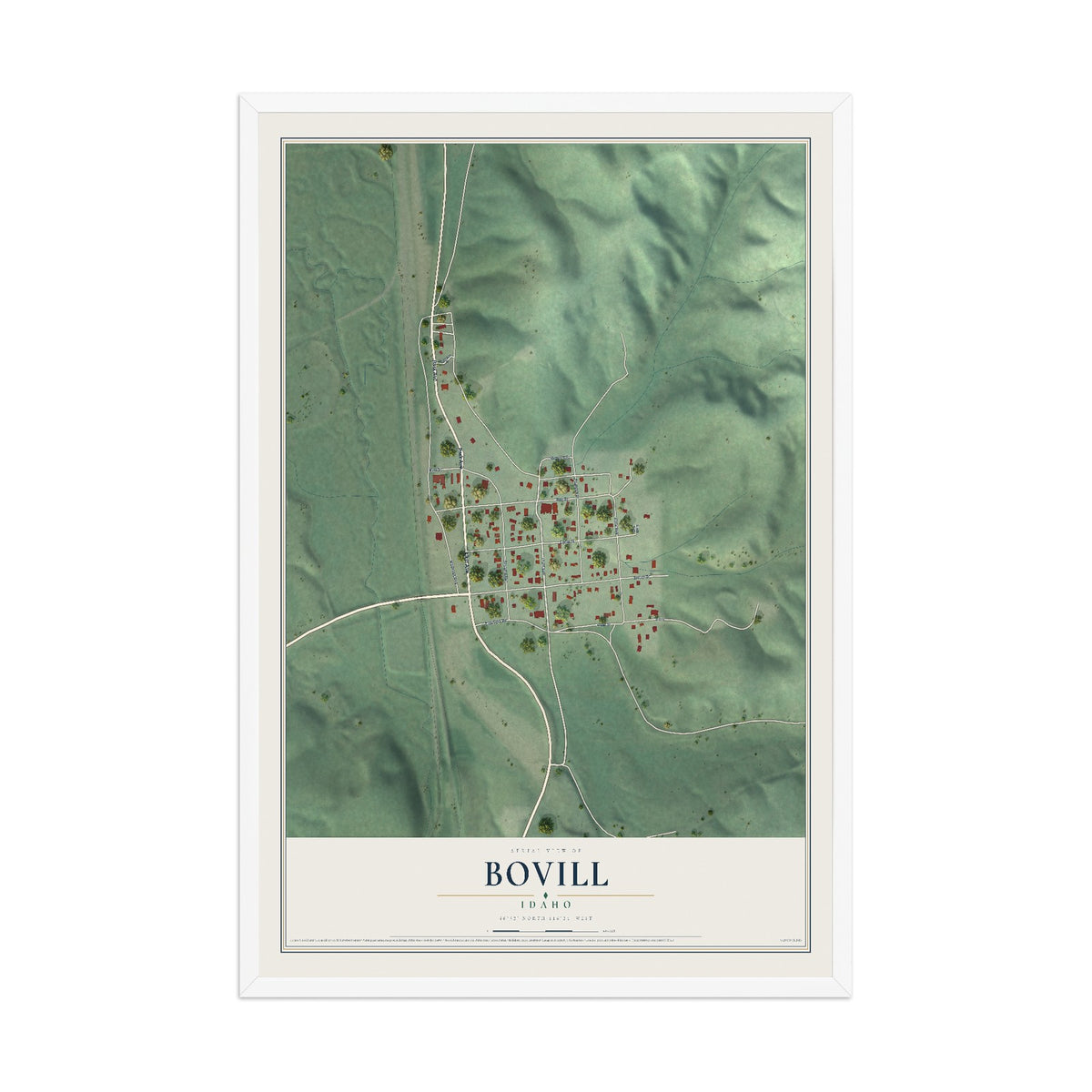 Map of Bovill, Idaho, 12 x 18 inch print in a white wood frame