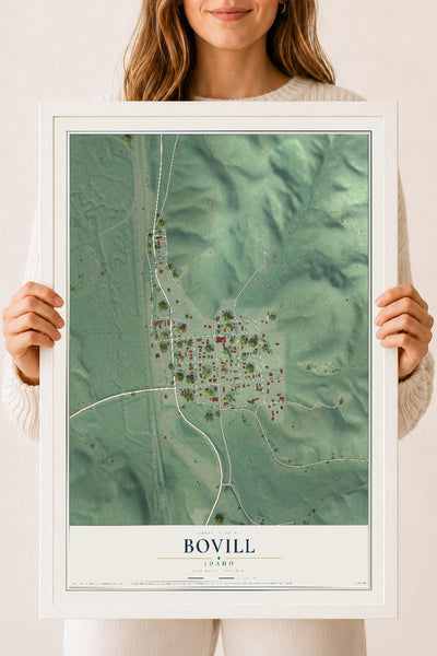 Map of Bovill, Idaho, 18 x 24 inch print in a white wood frame