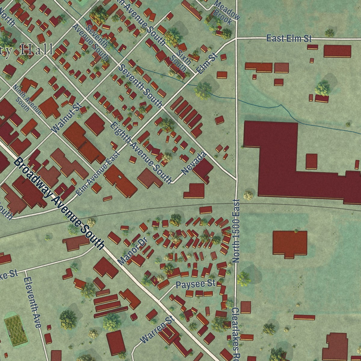 Second close-up of the map of Buhl, Idaho print showing more streets and buildings
