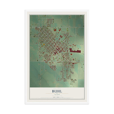 Map of Buhl, Idaho, 12 x 18 inch print in a white wood frame