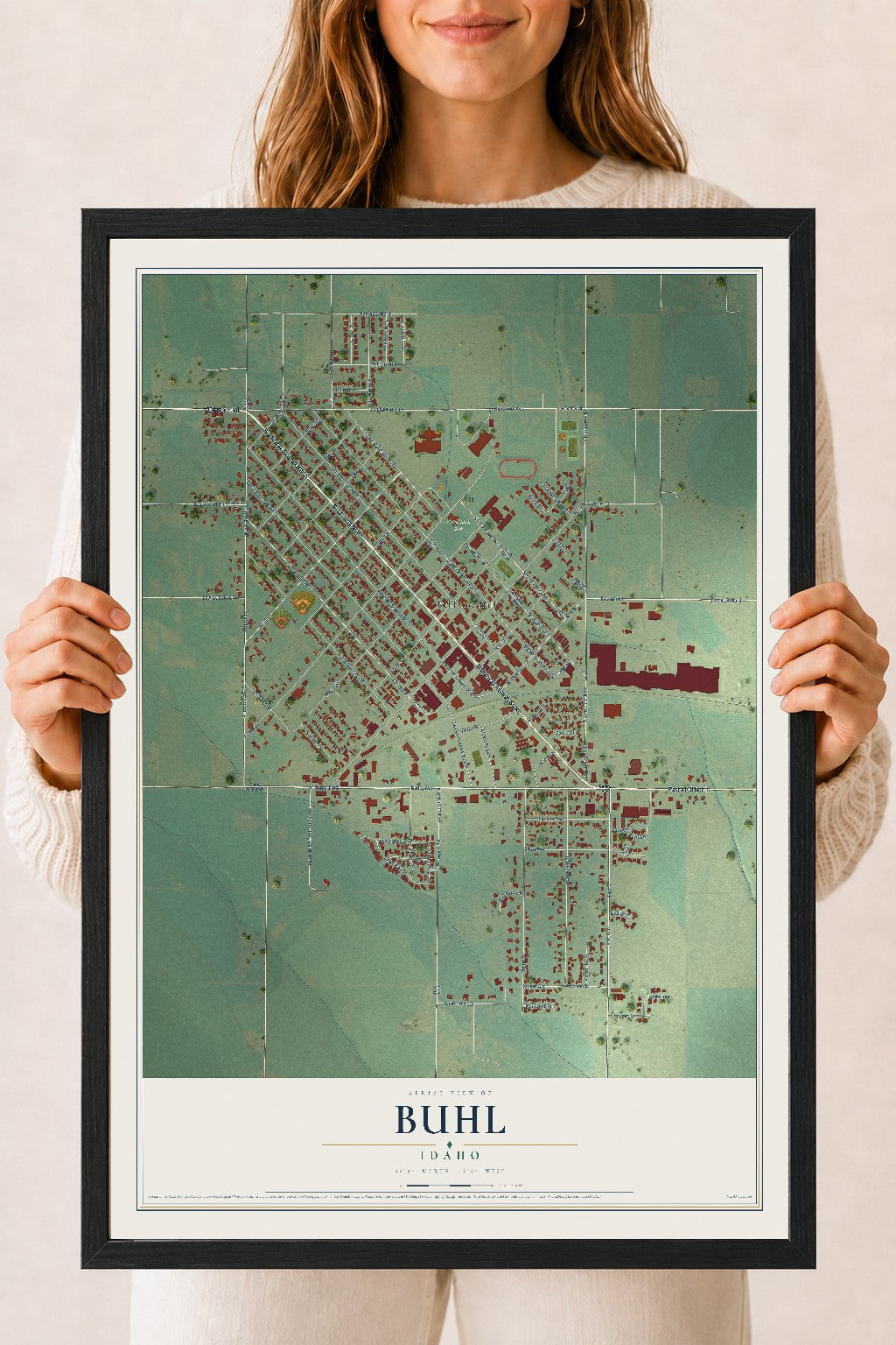 Map of Buhl, Idaho, 18 x 24 inch print in a black wood frame