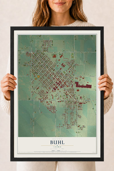 Map of Buhl, Idaho, 18 x 24 inch print in a black wood frame