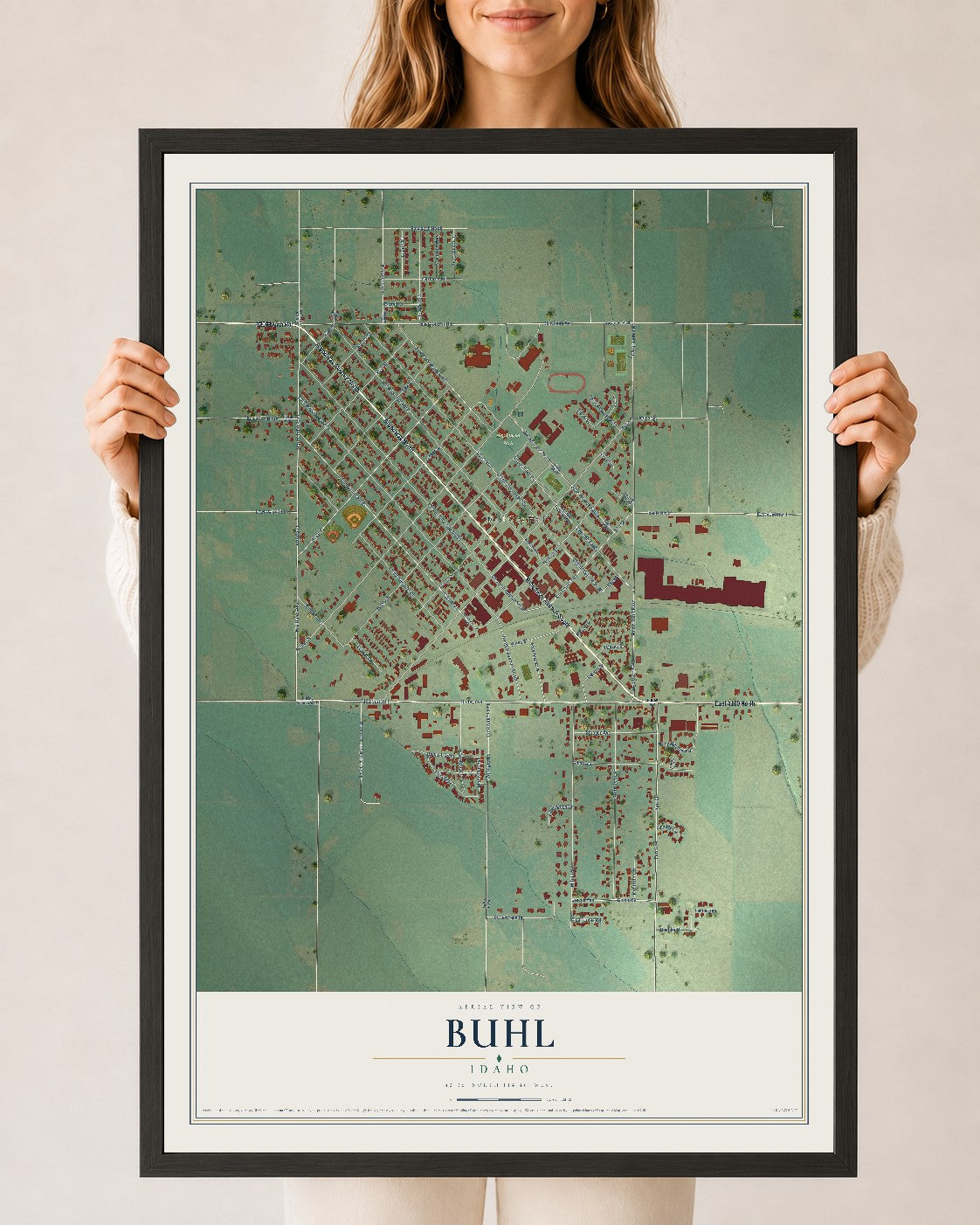 Map of Buhl, Idaho, 24 x 36 inch print in a black wood frame