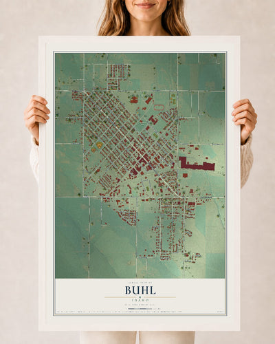 Map of Buhl, Idaho, 24 x 36 inch print in a white wood frame