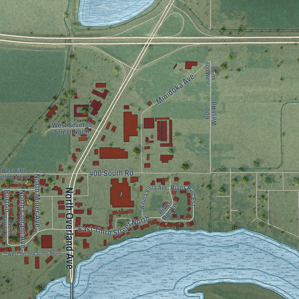 Second close-up of the map of Burley, Idaho print showing more streets and buildings