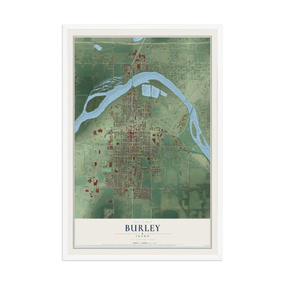 Map of Burley, Idaho, 12 x 18 inch print in a white wood frame