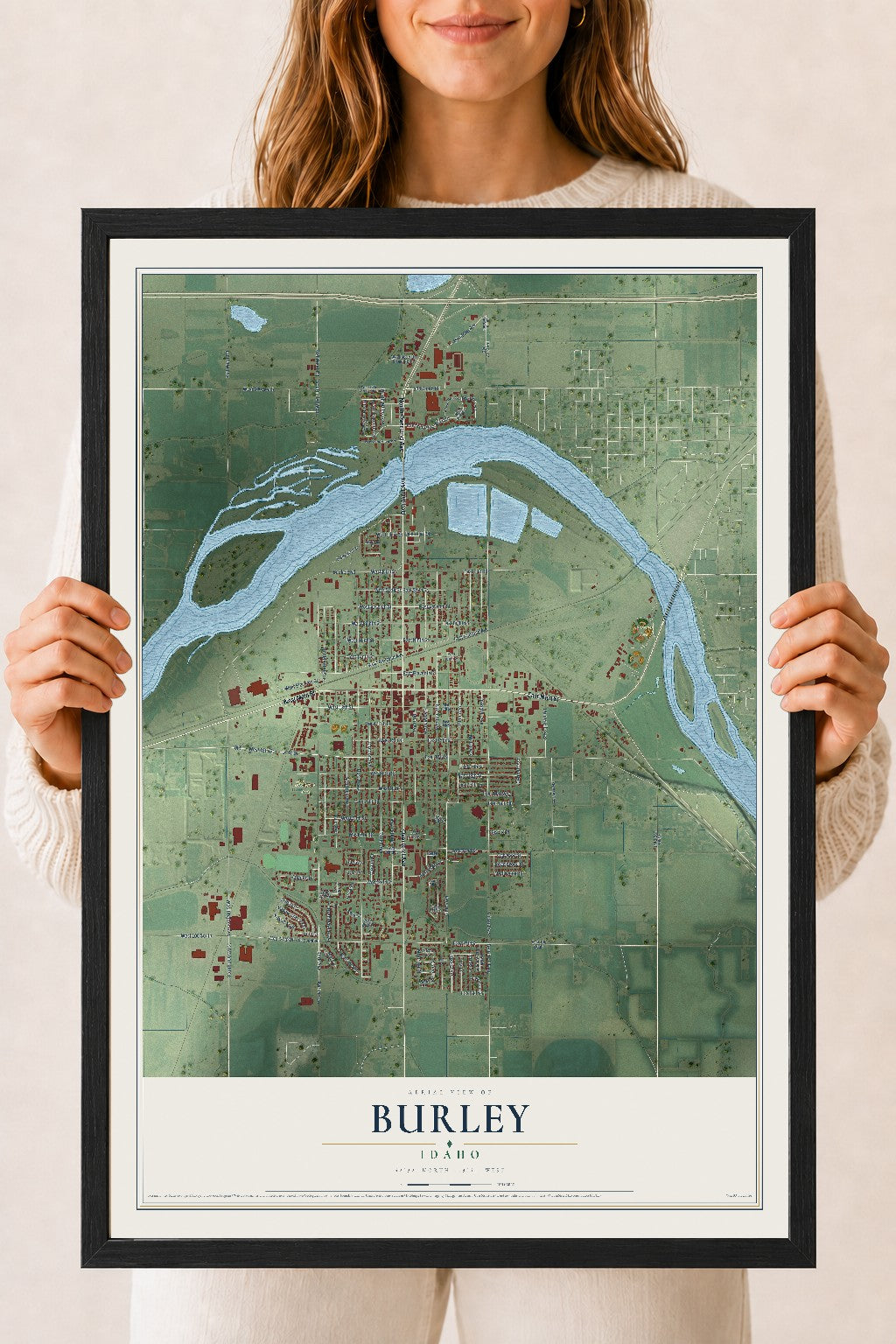 Map of Burley, Idaho, 18 x 24 inch print in a black wood frame