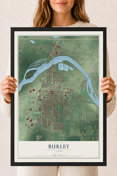 Map of Burley, Idaho, 18 x 24 inch print in a black wood frame