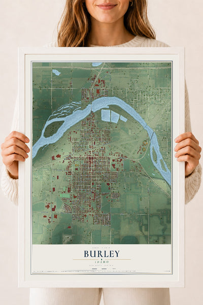 Map of Burley, Idaho, 18 x 24 inch print in a white wood frame