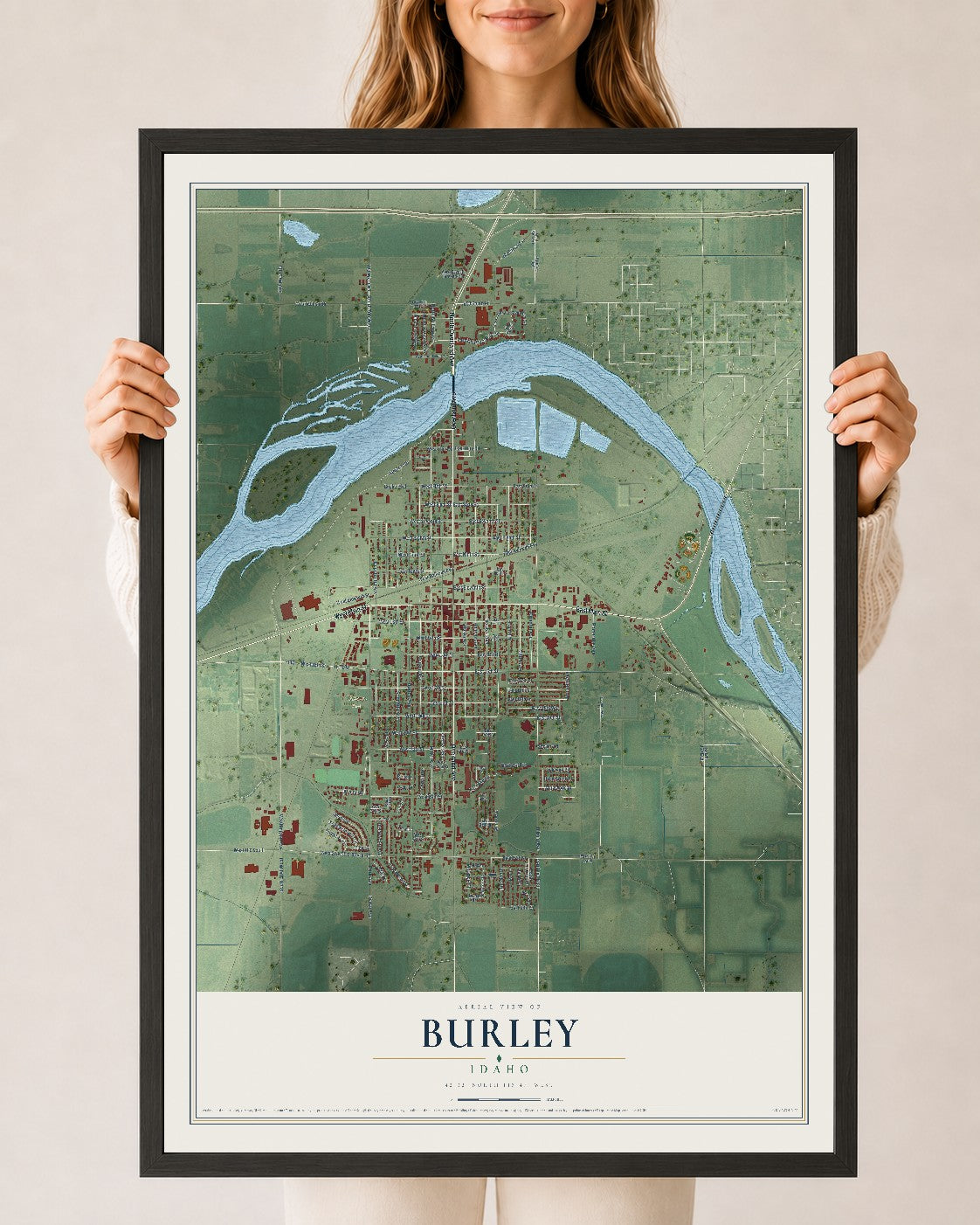 Map of Burley, Idaho, 24 x 36 inch print in a black wood frame