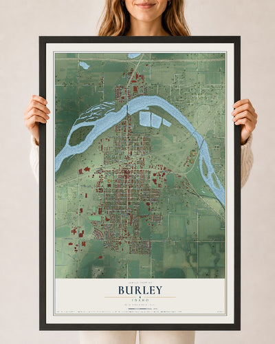 Map of Burley, Idaho, 24 x 36 inch print in a black wood frame