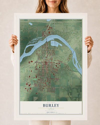 Map of Burley, Idaho, 24 x 36 inch print in a white wood frame