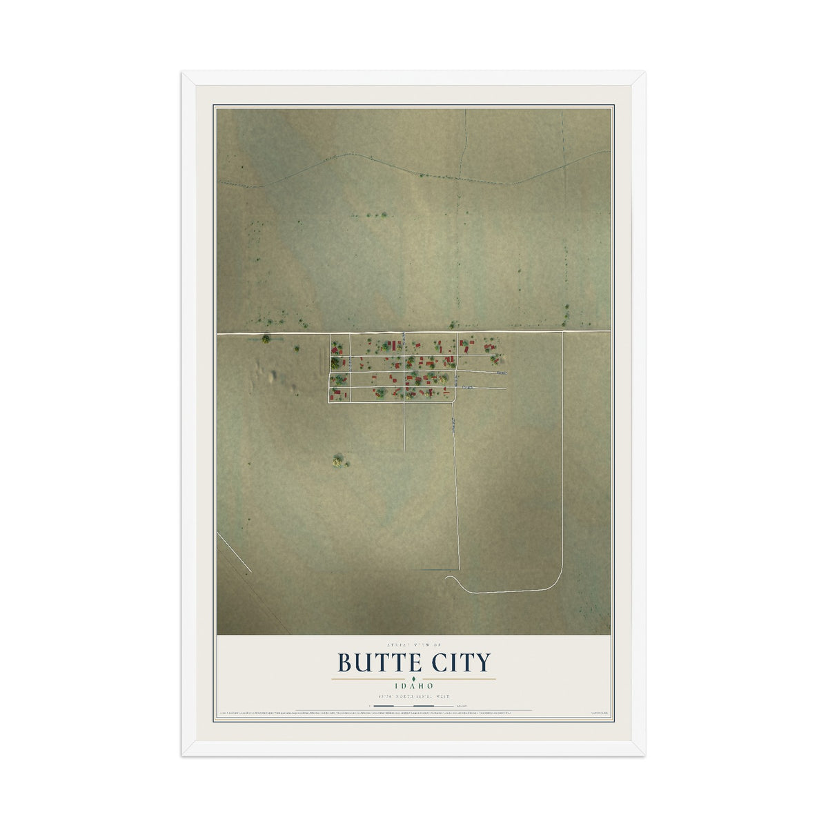 Map of Butte City, Idaho, 12 x 18 inch print in a white wood frame