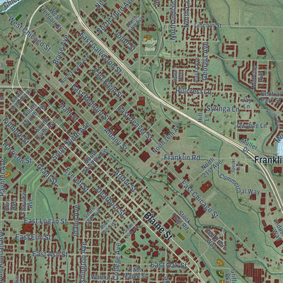Close-up of the map of Caldwell, Idaho print showing street and building detail