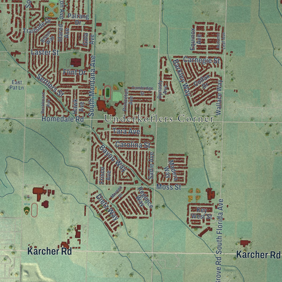 Second close-up of the map of Caldwell, Idaho print showing more streets and buildings