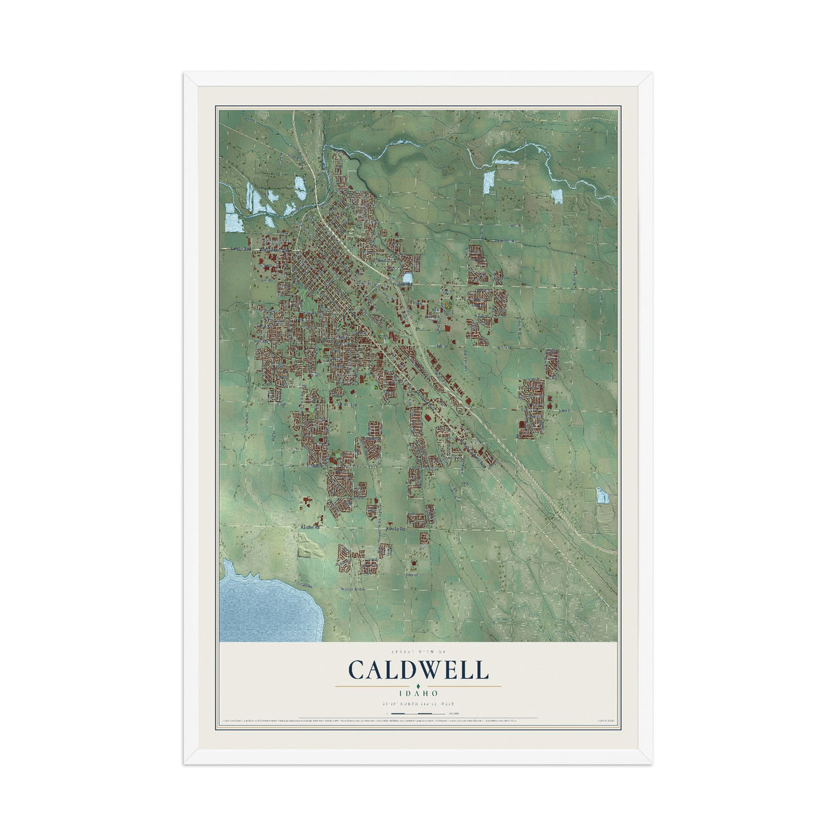 Map of Caldwell, Idaho, 12 x 18 inch print in a white wood frame