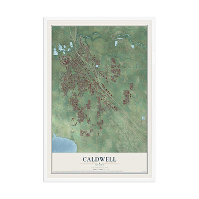Map of Caldwell, Idaho, 12 x 18 inch print in a white wood frame