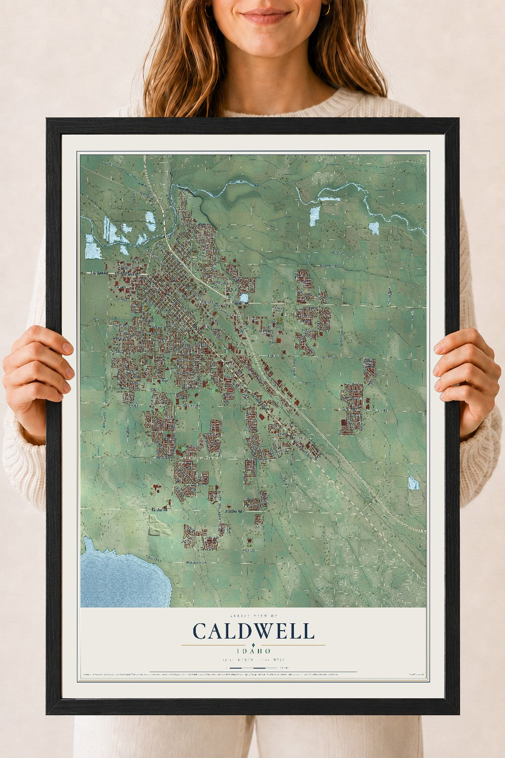 Map of Caldwell, Idaho, 18 x 24 inch print in a black wood frame