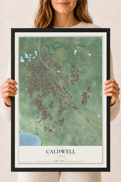 Map of Caldwell, Idaho, 18 x 24 inch print in a black wood frame