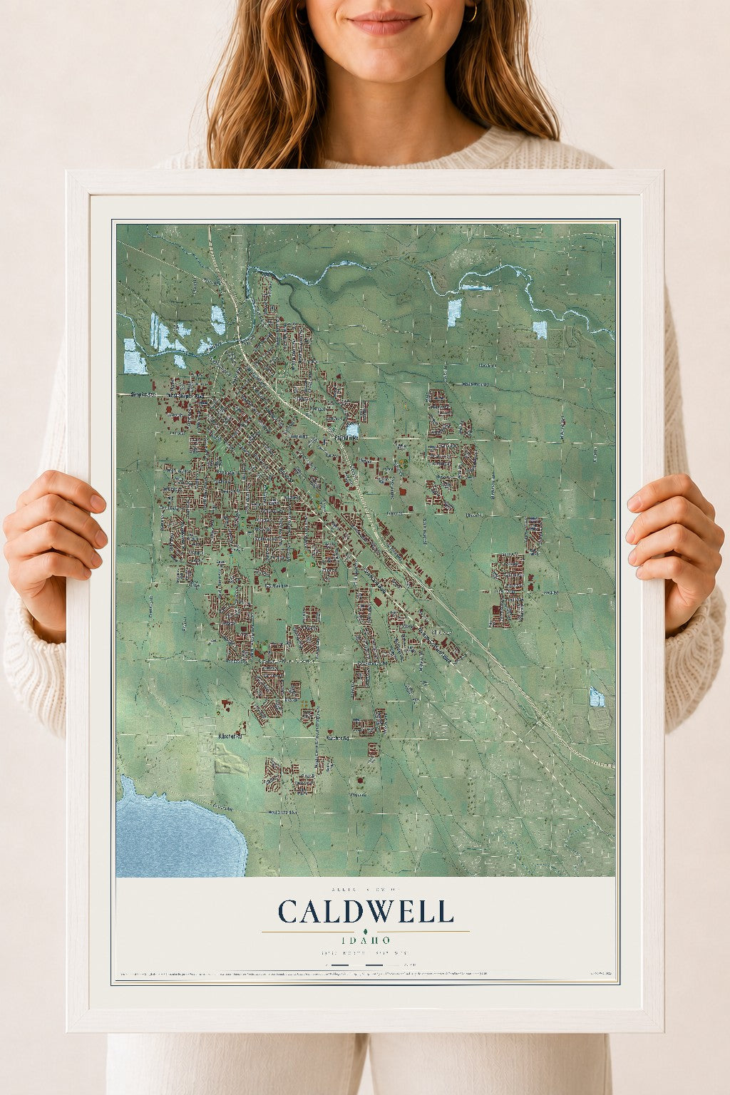 Map of Caldwell, Idaho, 18 x 24 inch print in a white wood frame