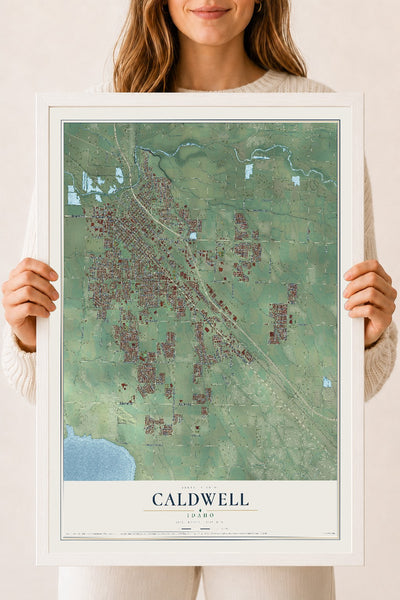 Map of Caldwell, Idaho, 18 x 24 inch print in a white wood frame