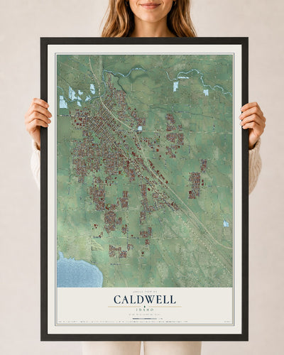 Map of Caldwell, Idaho, 24 x 36 inch print in a black wood frame