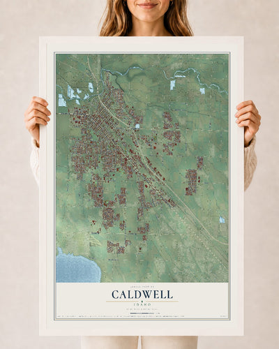 Map of Caldwell, Idaho, 24 x 36 inch print in a white wood frame