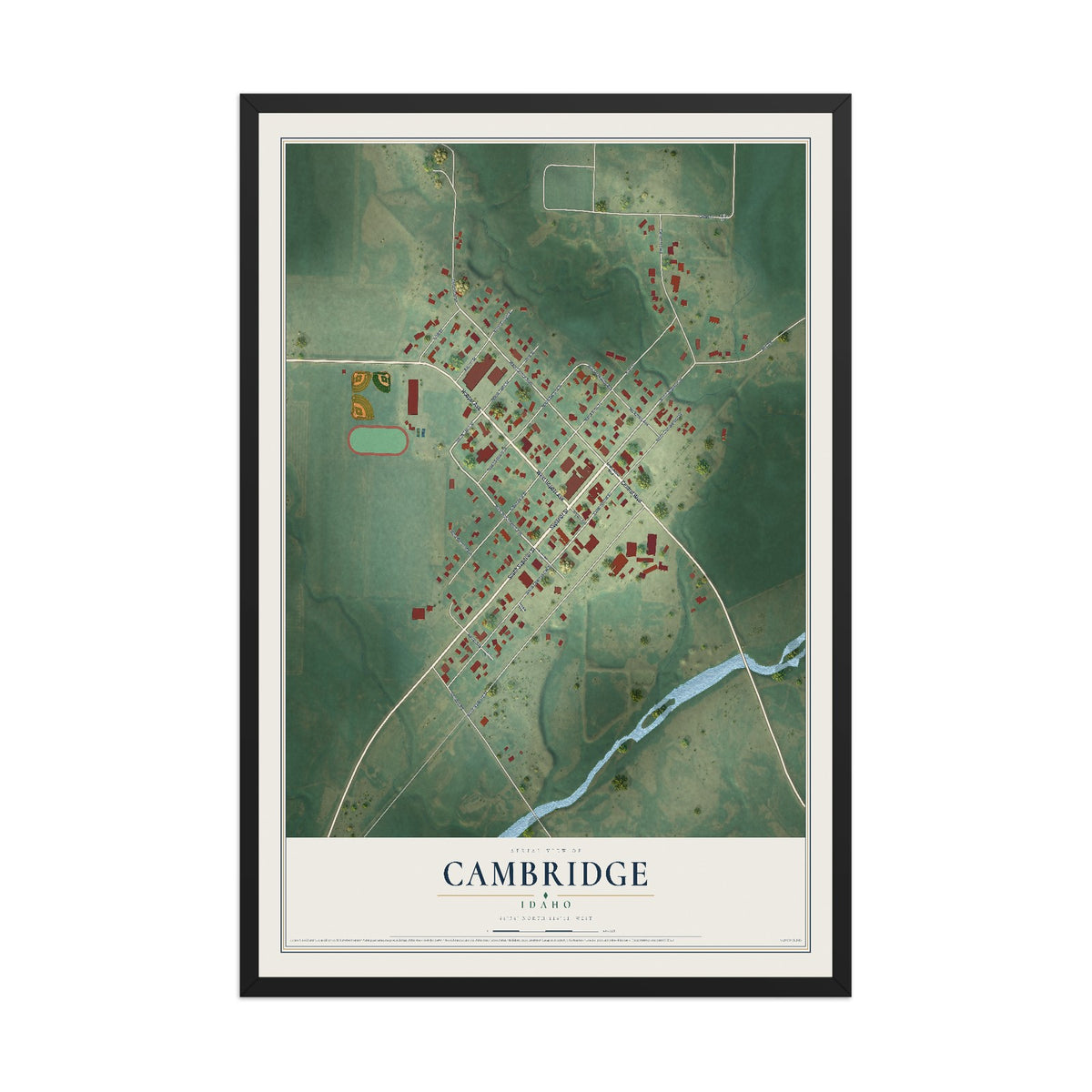 Map of Cambridge, Idaho, 12 x 18 inch print in a black wood frame