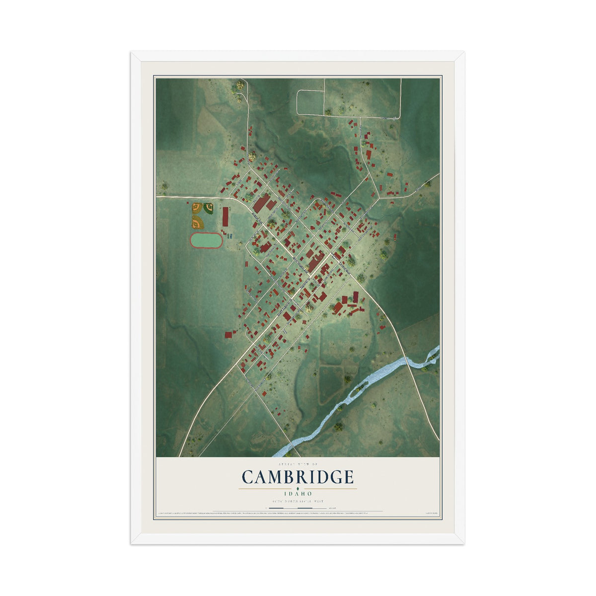 Map of Cambridge, Idaho, 12 x 18 inch print in a white wood frame