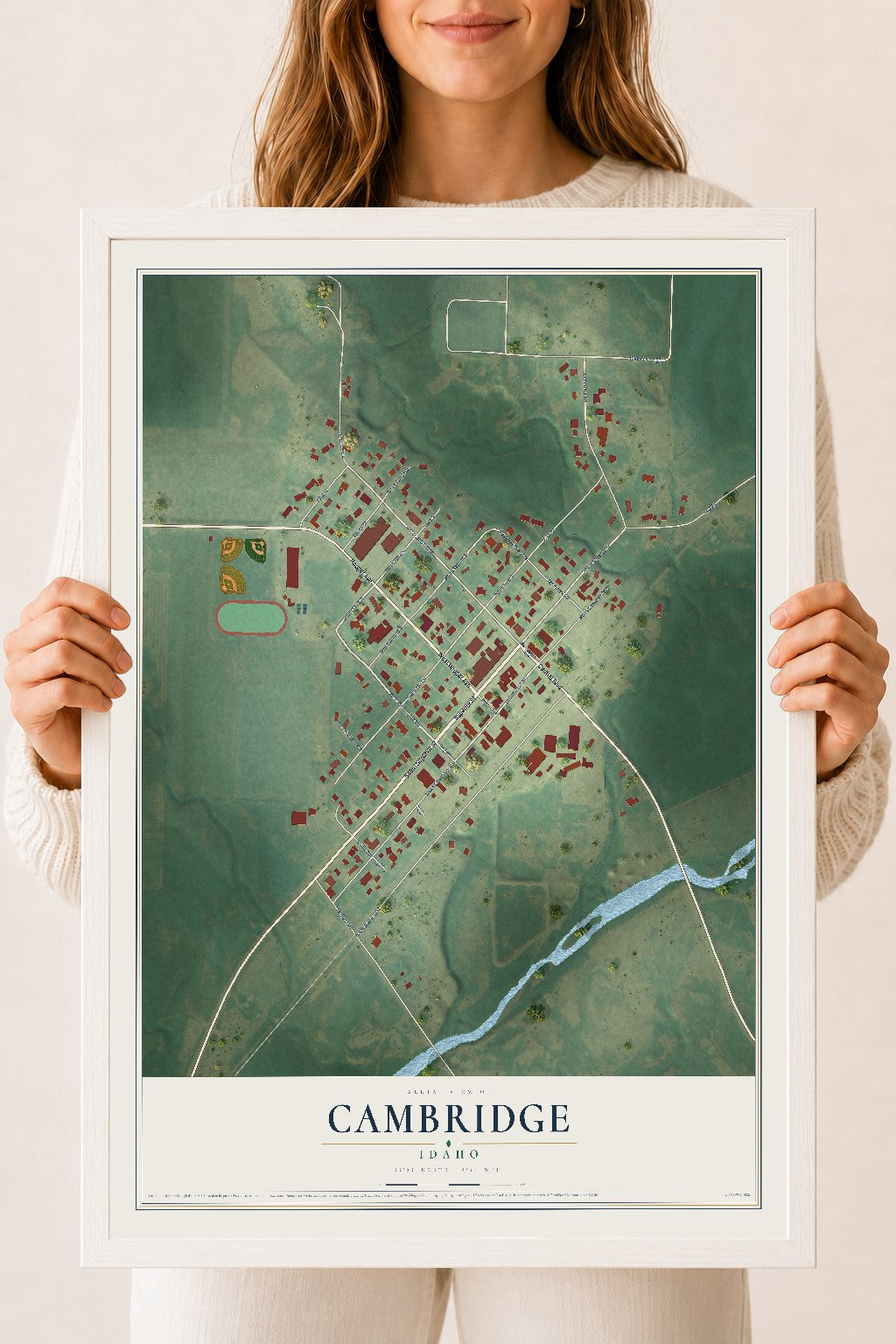 Map of Cambridge, Idaho, 18 x 24 inch print in a white wood frame