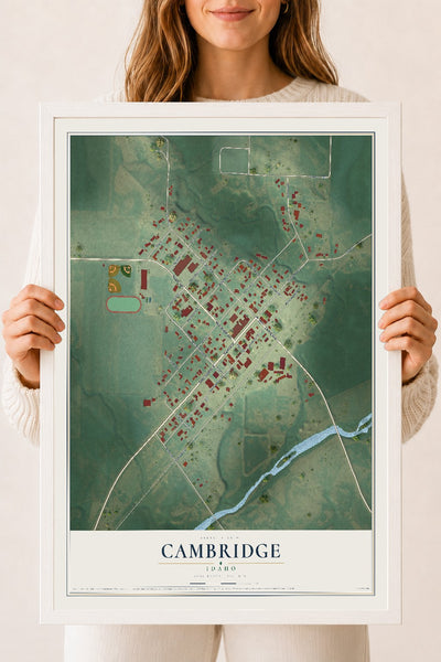 Map of Cambridge, Idaho, 18 x 24 inch print in a white wood frame