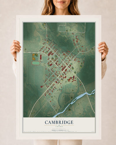 Map of Cambridge, Idaho, 24 x 36 inch print in a white wood frame