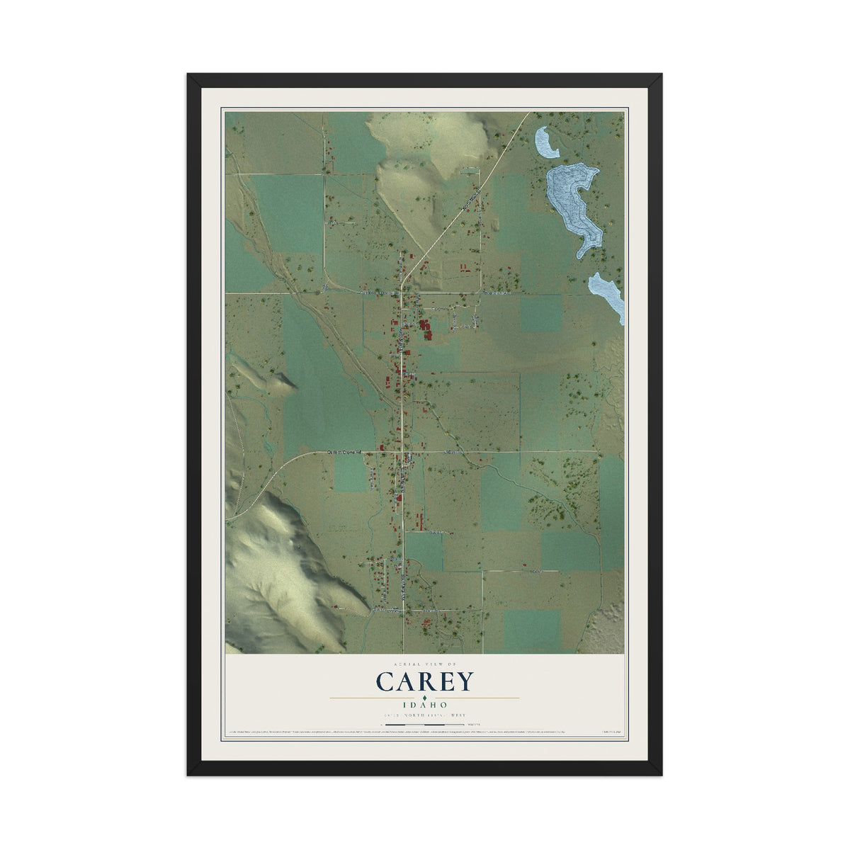 Map of Carey, Idaho, 12 x 18 inch print in a black wood frame