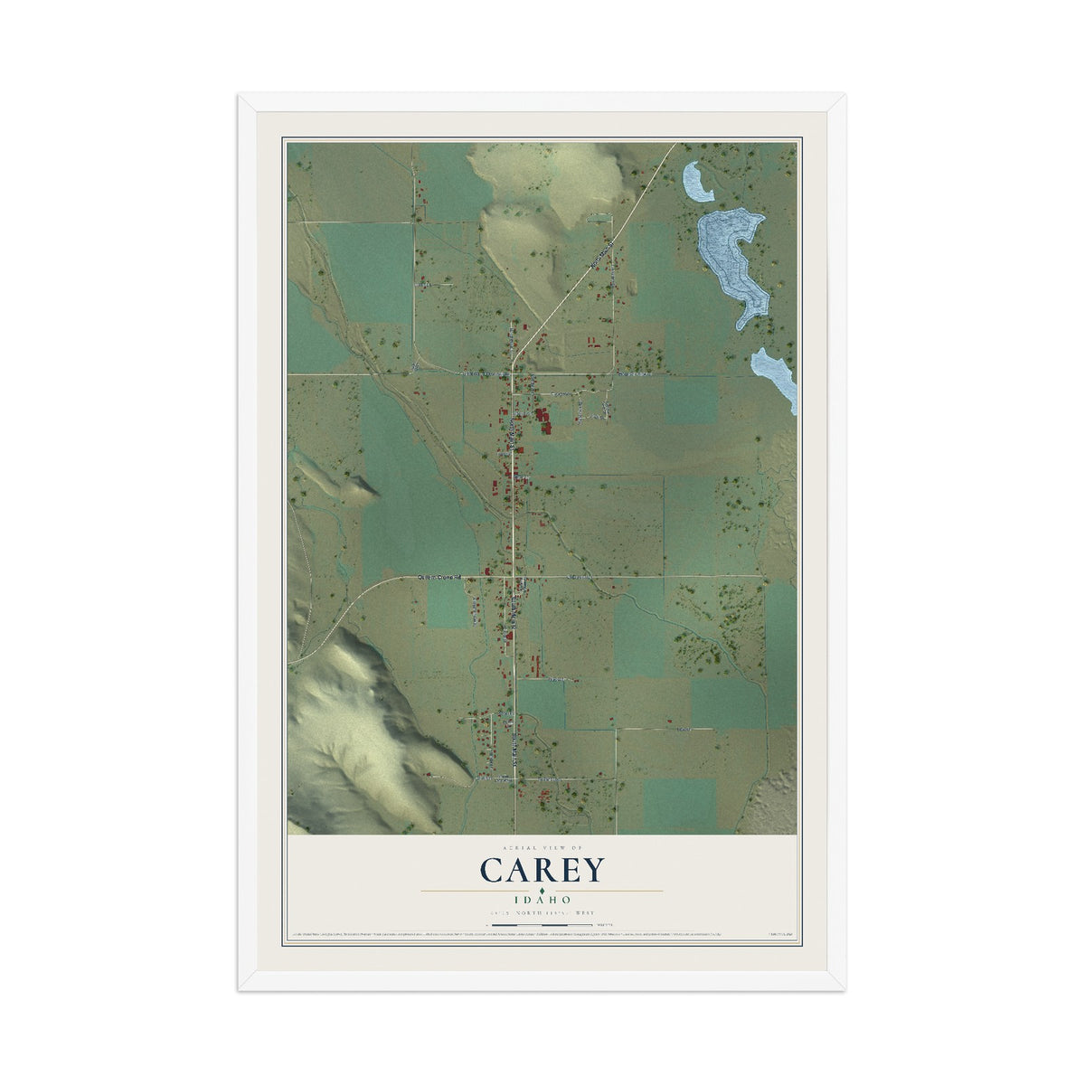 Map of Carey, Idaho, 12 x 18 inch print in a white wood frame