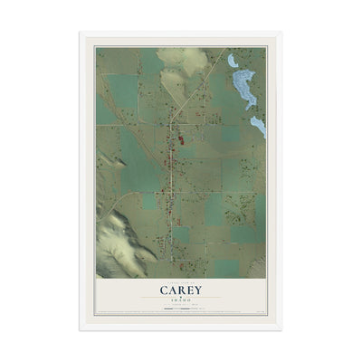Map of Carey, Idaho, 12 x 18 inch print in a white wood frame
