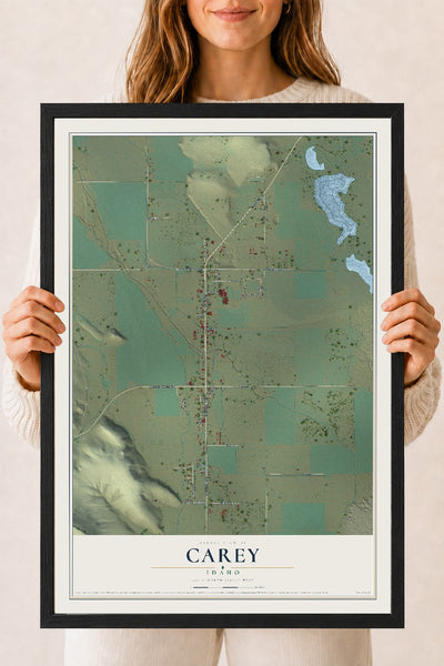 Map of Carey, Idaho, 18 x 24 inch print in a black wood frame